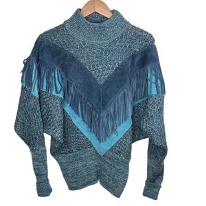 Vintage 80s Pioneer Wear Blue Suede Fringe Knit Mockneck Sweater Women Size S